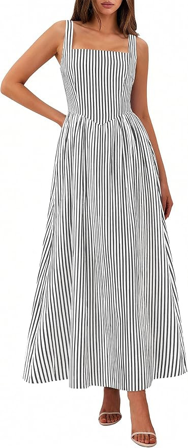 PRETTYGARDEN Women's Maxi Striped Dress 2026 Summer Sleeveless Square Neck Smocked A Line Long Fl... | Amazon (US)
