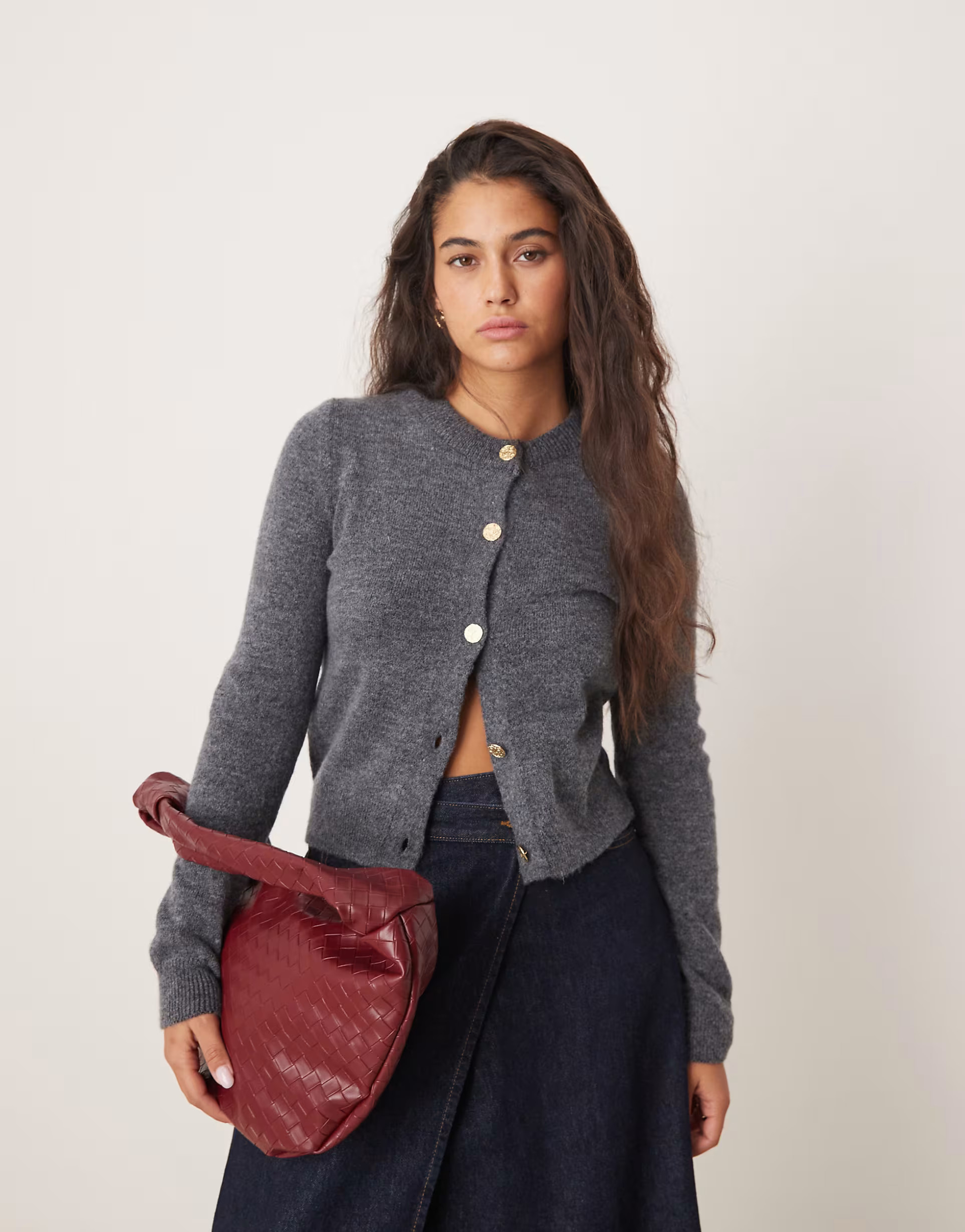 Mango gold button fluffy cardigan in grey | ASOS (Global)