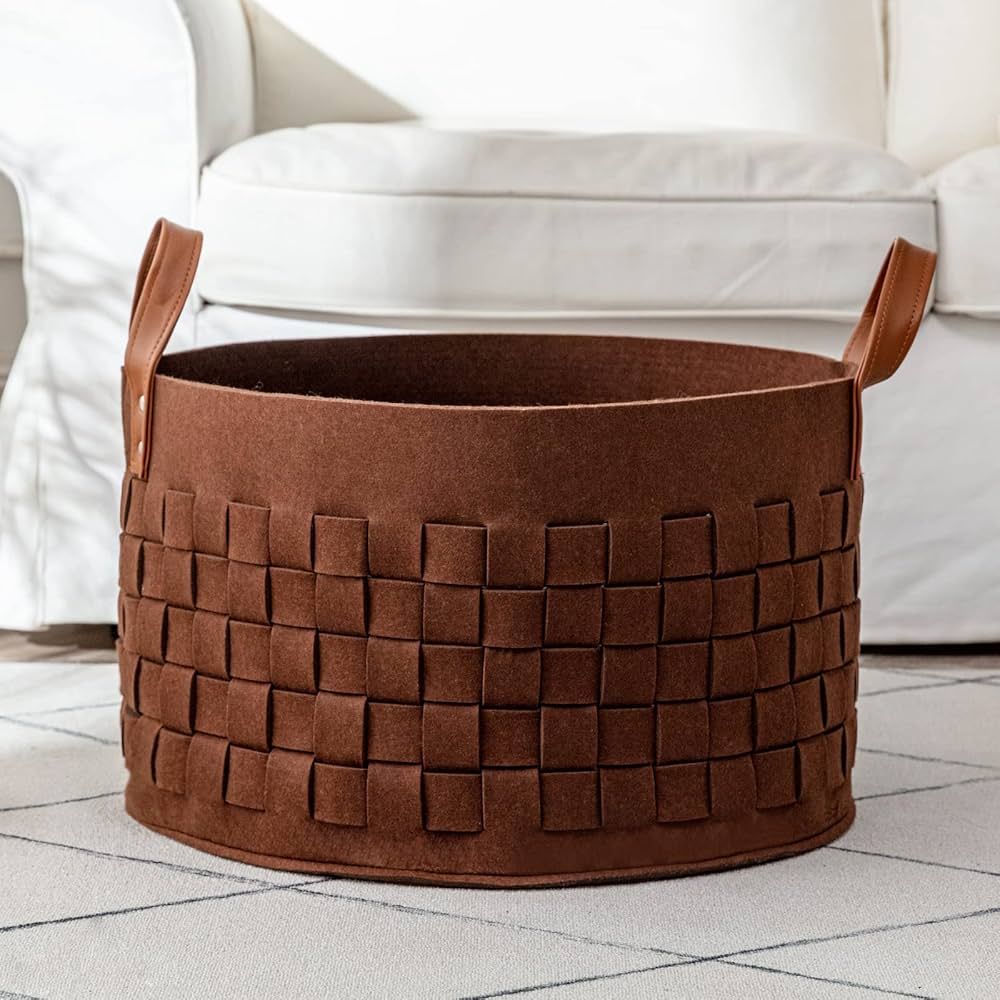 Laundry Basket 20" x20 " x11.8 ", Large Felt Fabric Blanket Basket with Leather Handle, Dirt Clot... | Amazon (US)