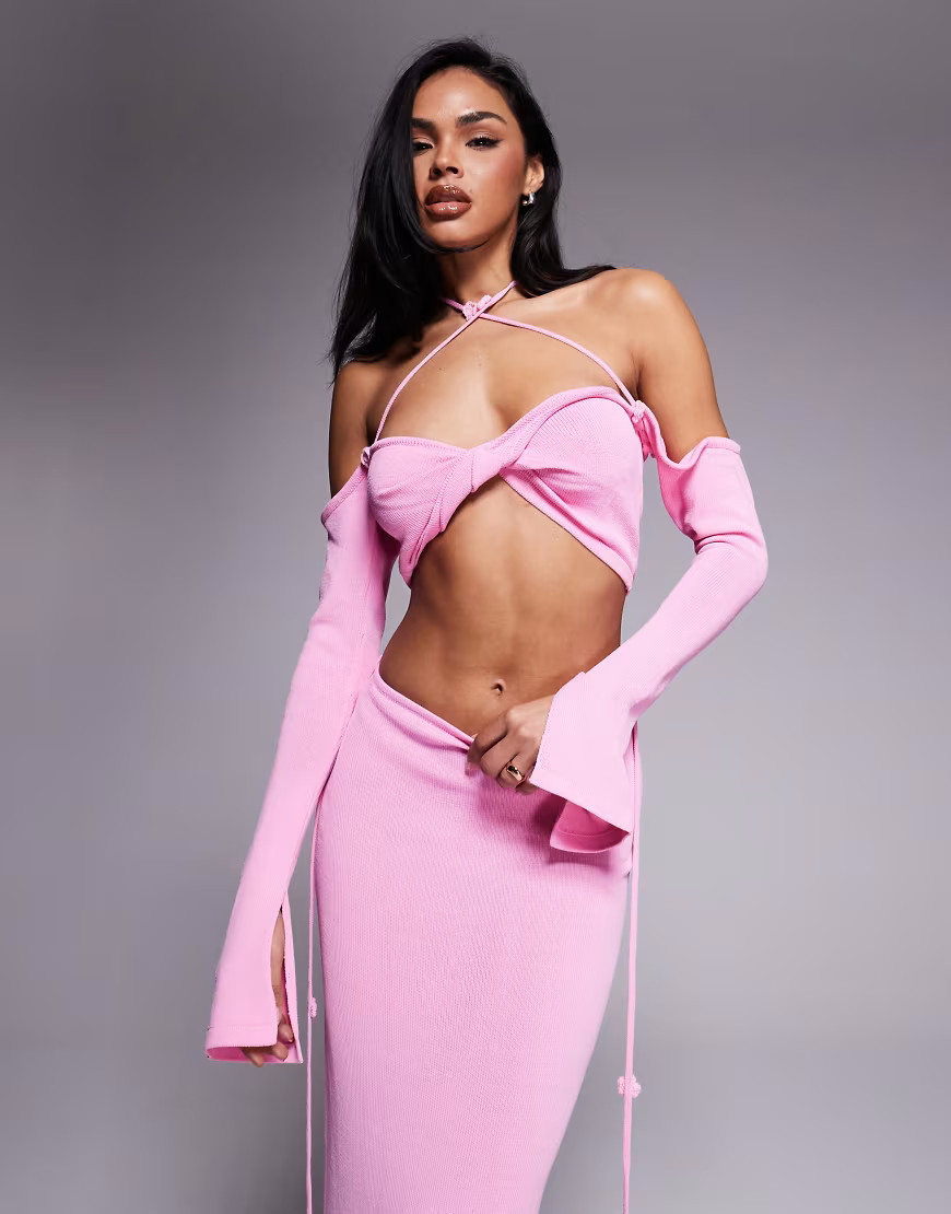 Wanderdoll Ophelia knitted cropped twist front halterneck top co-ord in baby pink | ASOS (Global)