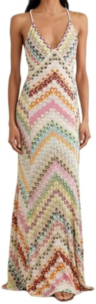 Women's Knit V Neck Dress Colorful Sleeveless Chevron Print Backless Dress | Amazon (US)