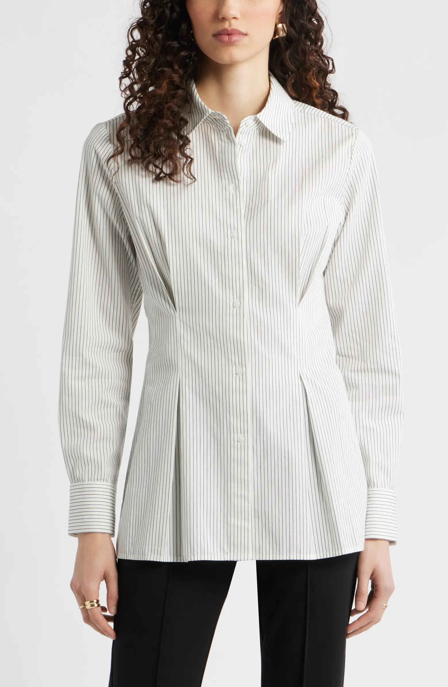 Stripe Pleat Waist Button-Up Shirt | Nordstrom