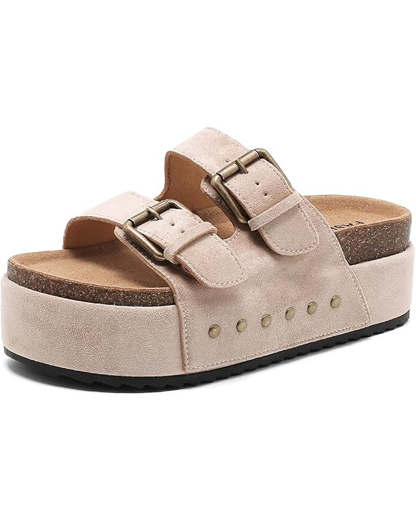 Women's Platform Clogs Sandals Cork Footbed with Comfort Double Buckles, Summer Platform Slides M... | Amazon (US)