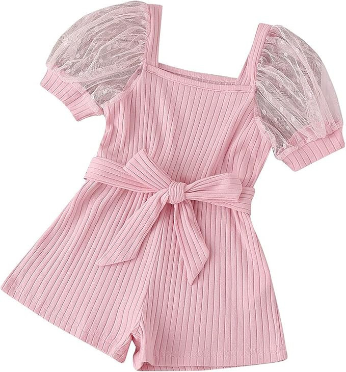 Summer Kids Baby Girls Pink Solid Ribbed Romper Puff Short Sleeve Belted Jumpsuit Clothes Outfits | Amazon (US)