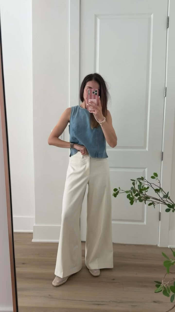 Trending! This denim top and white wide leg pants combo feels so elevated for summer. The structured sleeveless top paired with flowy neutral pants is one of those easy outfits that looks polished without trying too hard.

Used code ANNAMXSPANX, wearing size S in pants, size down

summer outfit idea, wide leg pants, denim top, neutral outfit, chic everyday style, casual chic outfit, white pants outfit, elevated basics, effortless summer style, vacation outfit, annabrstyle

#LTKootd #LTKSeasonal #LTKOver40