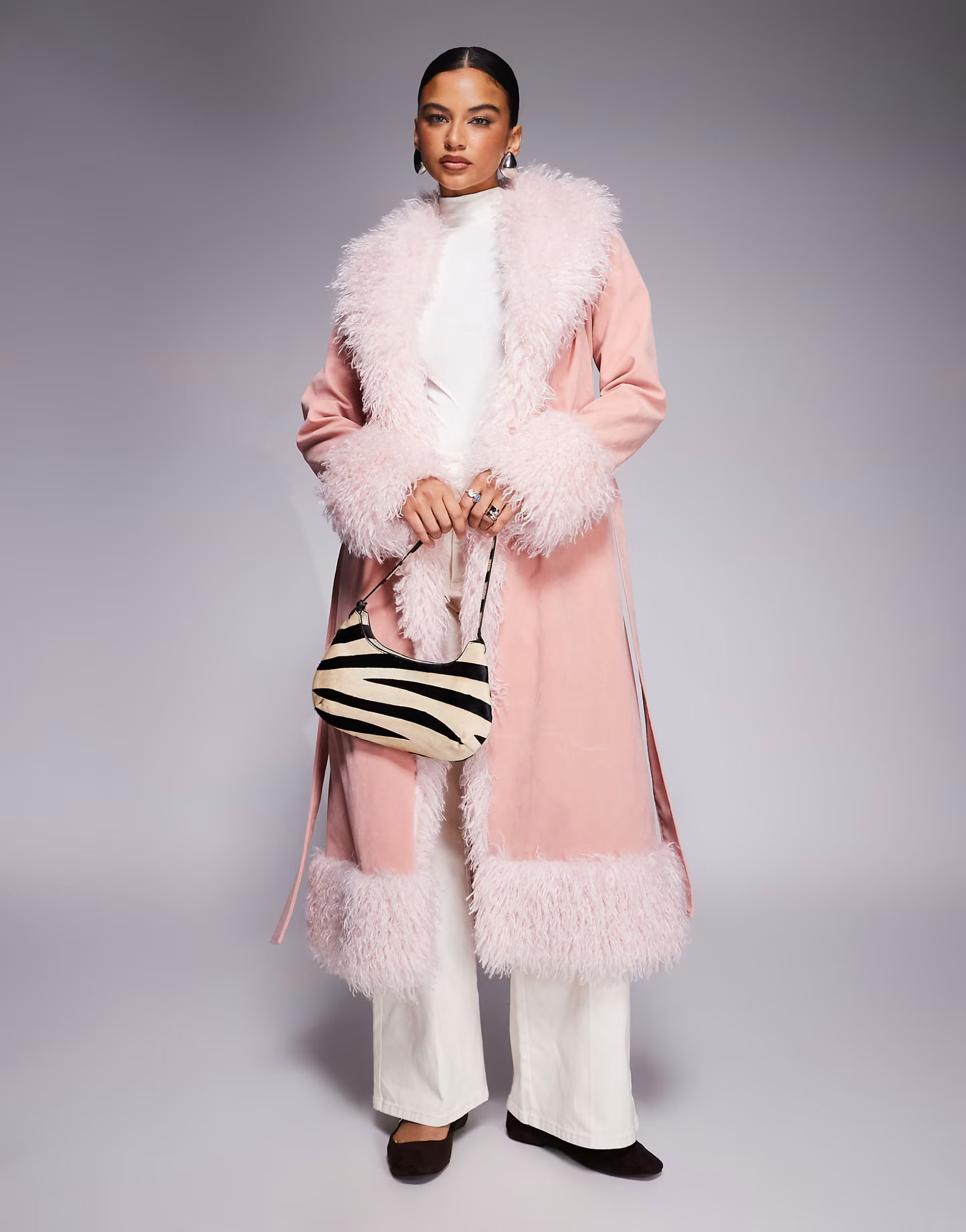 Kaiia exclusive faux fur trim penny lane maxi coat in dusky pink | ASOS (Global)