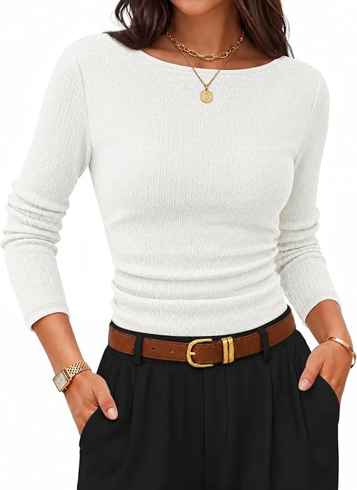 ZESICA Women's Boat Neck Fall Long Sleeve Ruched Cute Going Out Work Tops | Amazon (US)