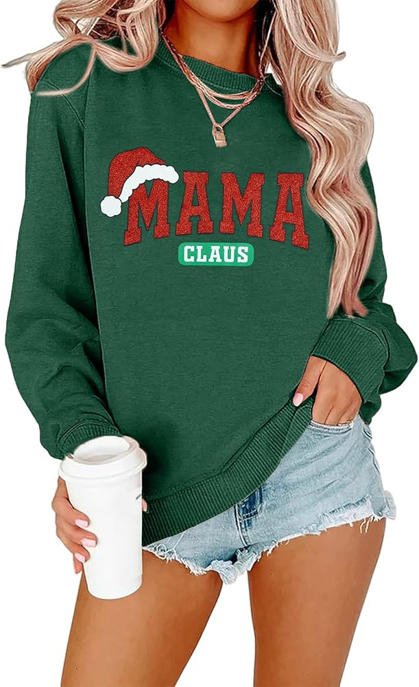 QLIPIN Mama Christmas Sweatshirt Women Glitter Mama Claus Sweatshirt Santa Hat Mom Xmas Holiday C... | Amazon (US)