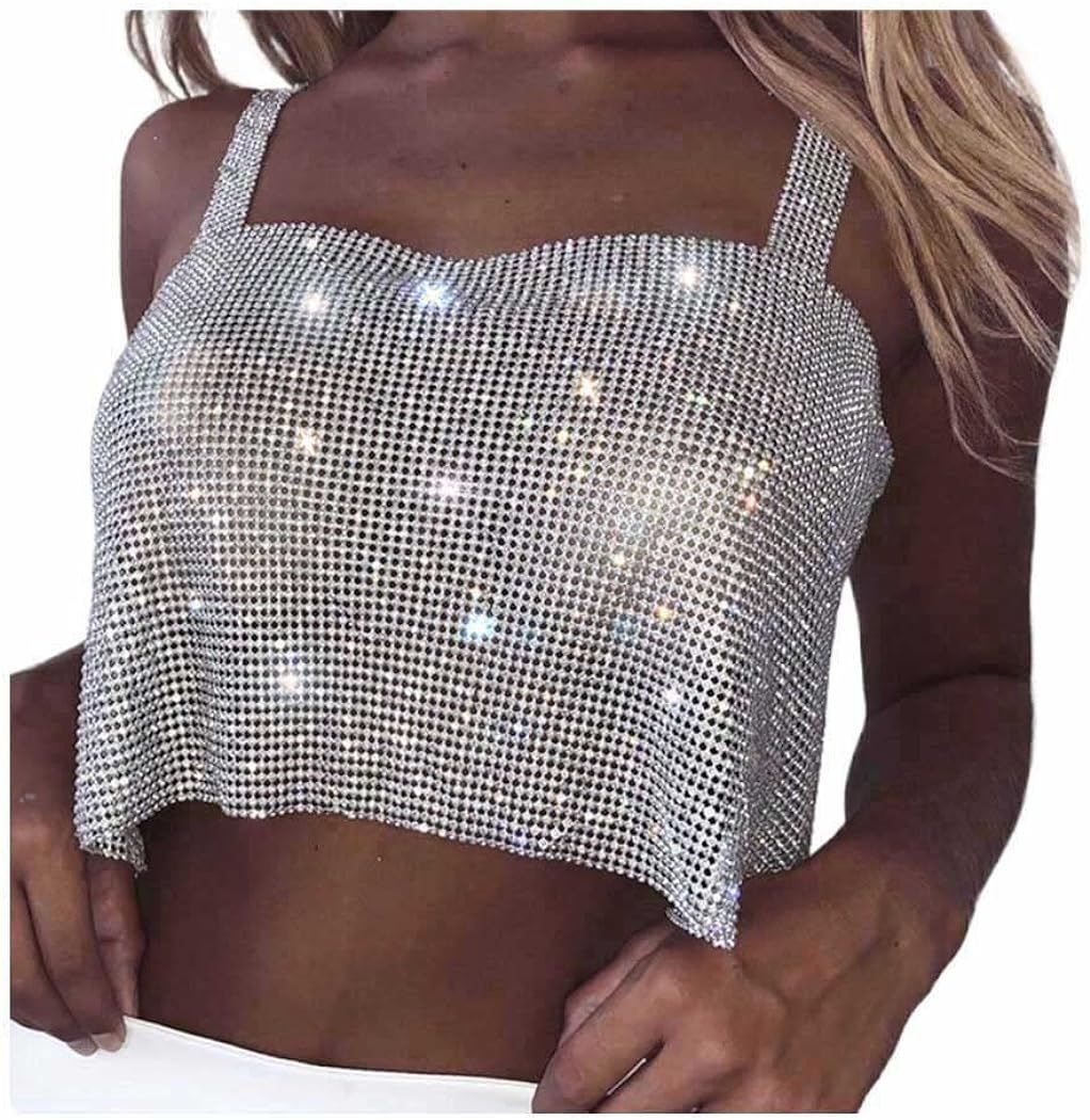 deladola Rhinestones Crop Top Gold Sparkly Crystal Tank Tops Backless Summer Beach Outfit for Wom... | Amazon (US)
