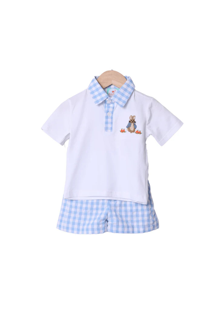 French Knot Peter Rabbit Blue Seersucker Polo Short Set | The Smocked Flamingo
