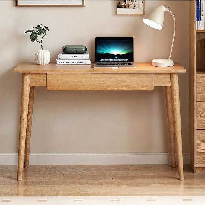 100% Solid Oak Wooden Desk Home Office Desk Mid Century Modern Writing Computer Desk with Drawer ... | Amazon (US)