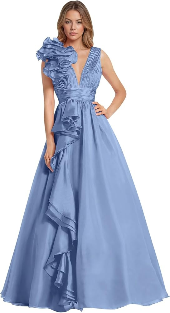 Ruffles Tulle Prom Dresses for Women Deep V Neck A-Line Ball Gowns Long Sexy Pleated Formal Eveni... | Amazon (US)