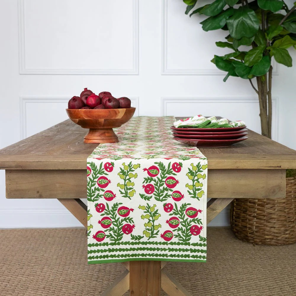 Pom Bells Basil & Magenta Table Runner | Pomegranate