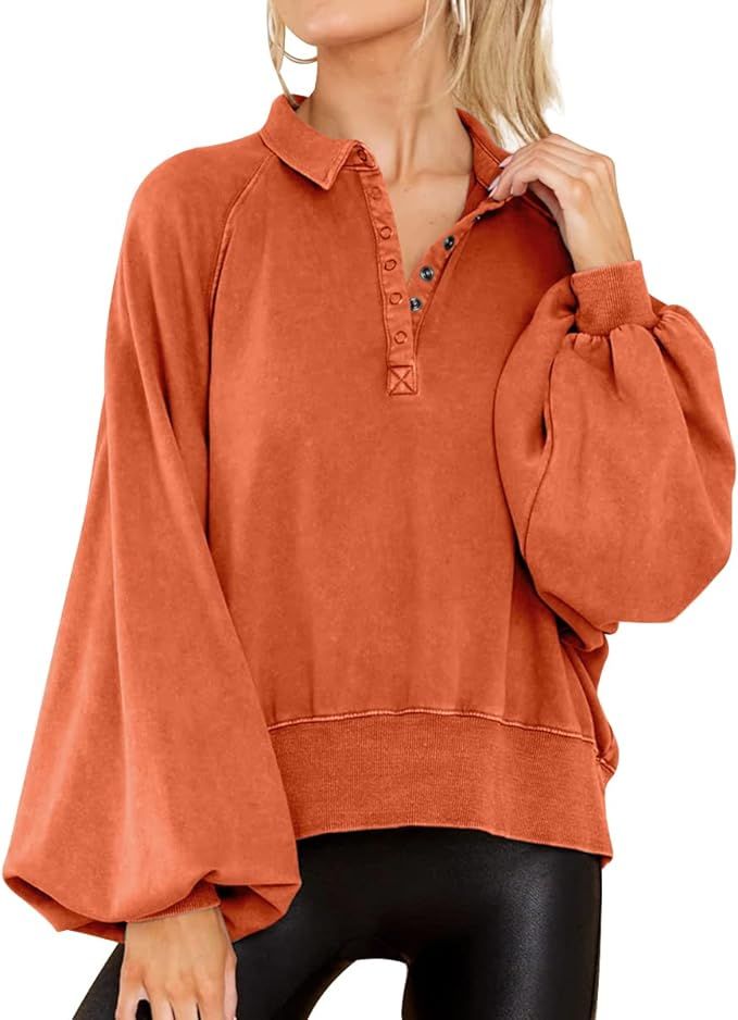 Trendy Queen Women's Lantern Sleeve Sweatshirts Polo Neck Drop Shoulder Pullover Hoodies Button D... | Amazon (US)