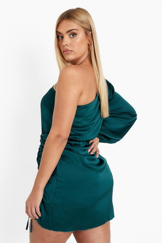 Plus Satin One Shoulder Ruched Bodycon Dress | Boohoo.com (US & CA)