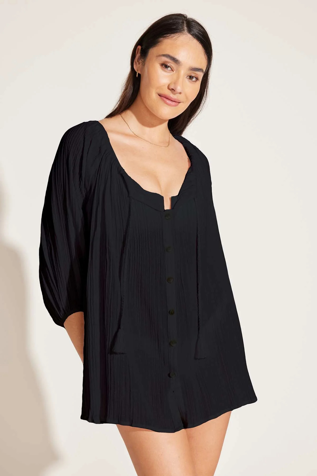 Costa Shirt Dress - Black Crinkle Organic Cotton | Vitamin A