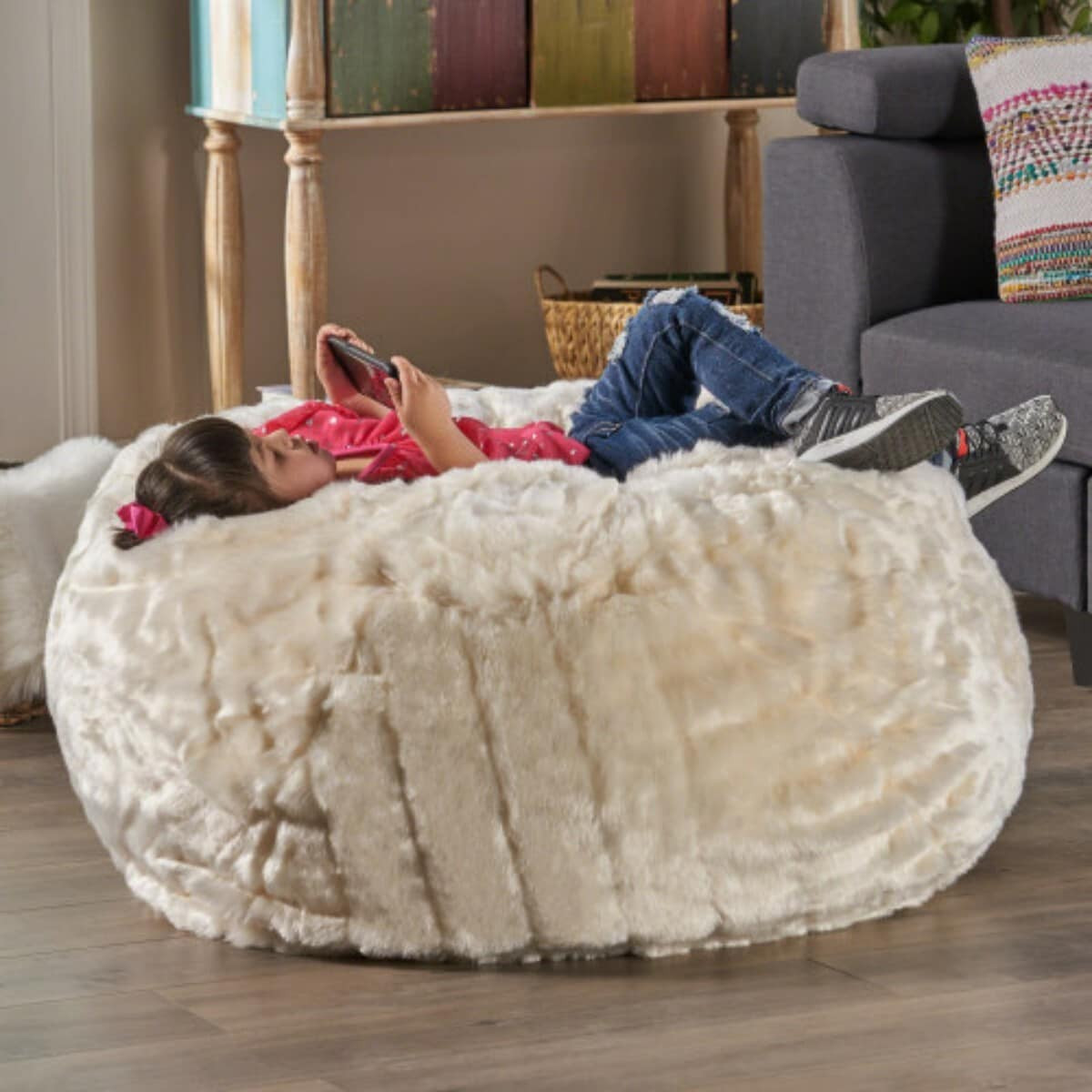 Afoxsos 3 Foot Faux Fur Bean Bag Chair White Soft Removable Cover Polyurethane Foam Fill Safety Zipper 300 lb Weight Capacity for Living Rooms | Lowe's