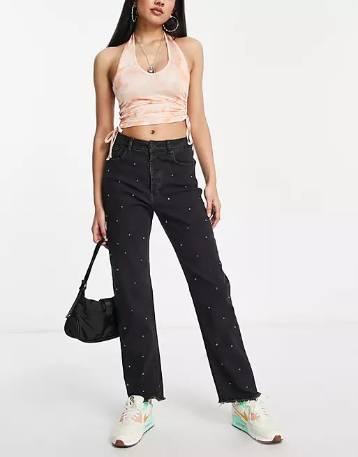 Signature 8 all over embellished straight leg jeans in wash black | ASOS | ASOS (Global)