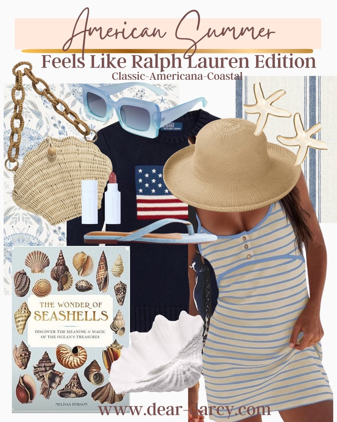 American Summer 
Pieces you’ll wear all Summer long 🇺🇸🌊

Amazon cute striped dress, easy to wear and soft. Fits tts comes in a couple colors

Great American flag sweater 

Shell straw bag with tortoise shell handle  bag 

Amazon find sunnies 

She’ll book 

Straw hat 

Large shell bowl 
A great thin blue thong sandal 

New lipstick that’s viral 

Star fish earrings

#LTKootd #LTKTravel #LTKSeasonal
