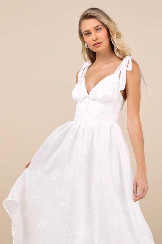 Aero White Embroidered Tie-Strap A-Line Midi Dress | Lulus
