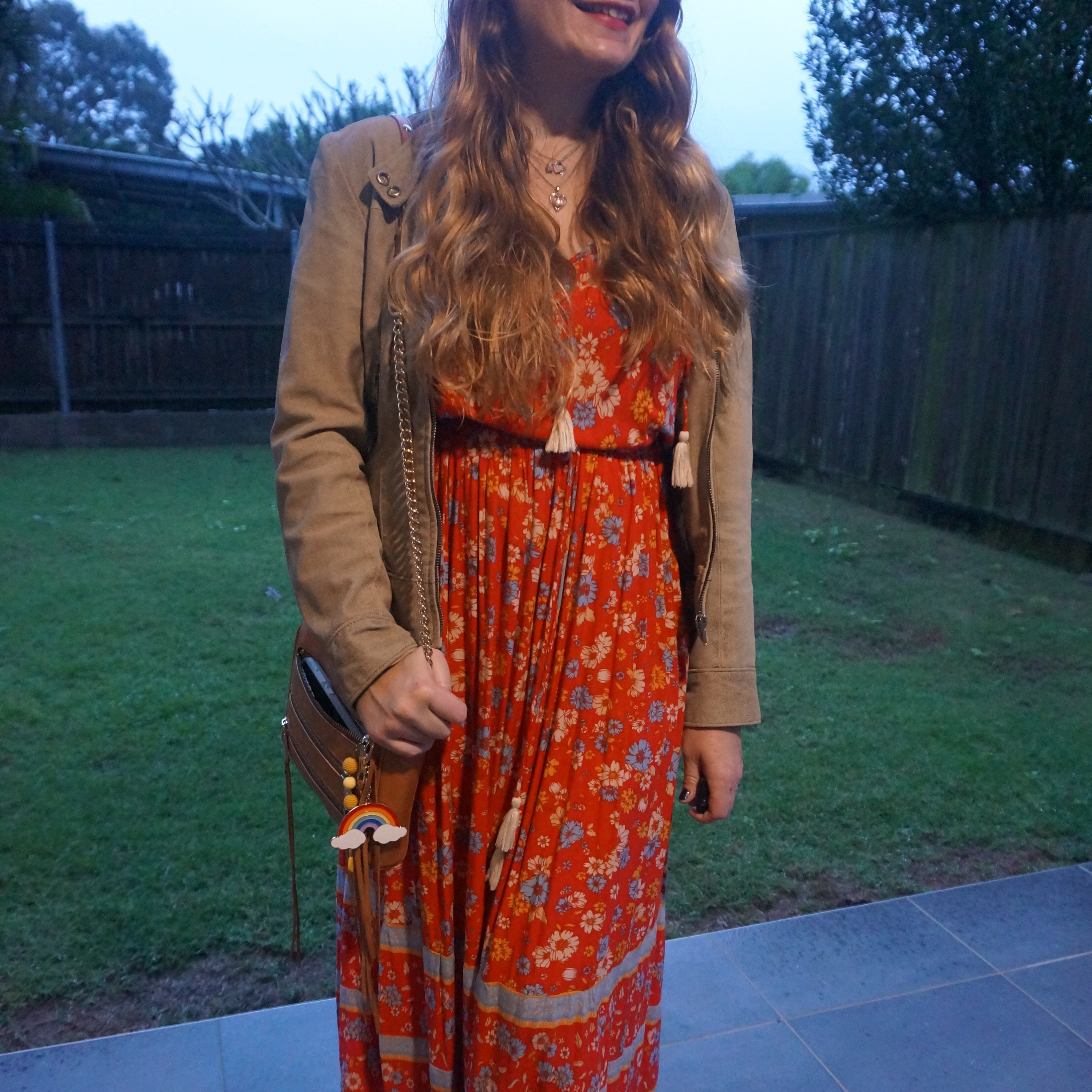 Thrifted vintage leather jacket and red floral maxi dress with tan Rebecca Minkoff mini 5-zip bag ❤️

#LTKaustralia #LTKwinter #LTKbag