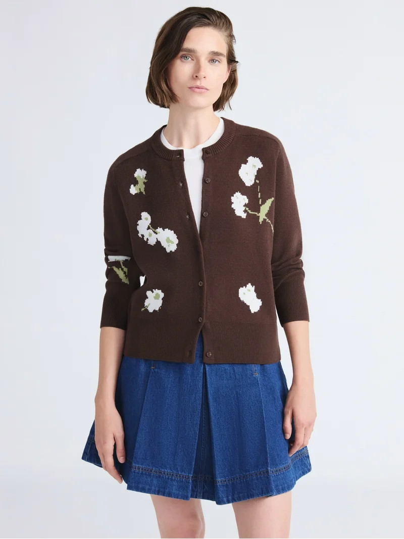 Free Assembly Women's Plus Floral Jacquard Shrunken Cardigan Sweater, Midweight, Sizes 1X-4X - Wa... | Walmart (US)