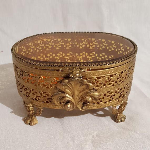 Old antique gold ormolu filigree metal fleur de lis oval jewelry trinket box casket beveled amber... | Etsy (CAD)