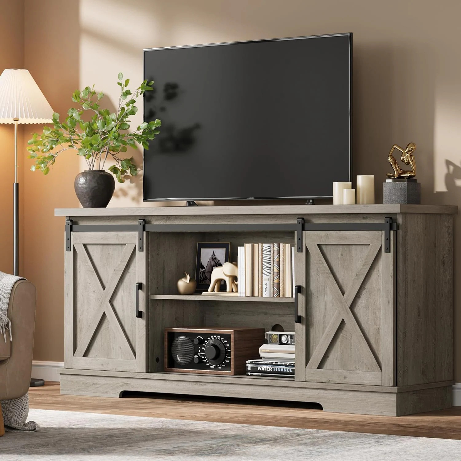 Garvee Farmhouse TV Stand for 65 Inches TVs Entertainment Center with Storage and Sliding Barn Doors Adjustable Shelf Modern Media TV Console TV | Lowe's