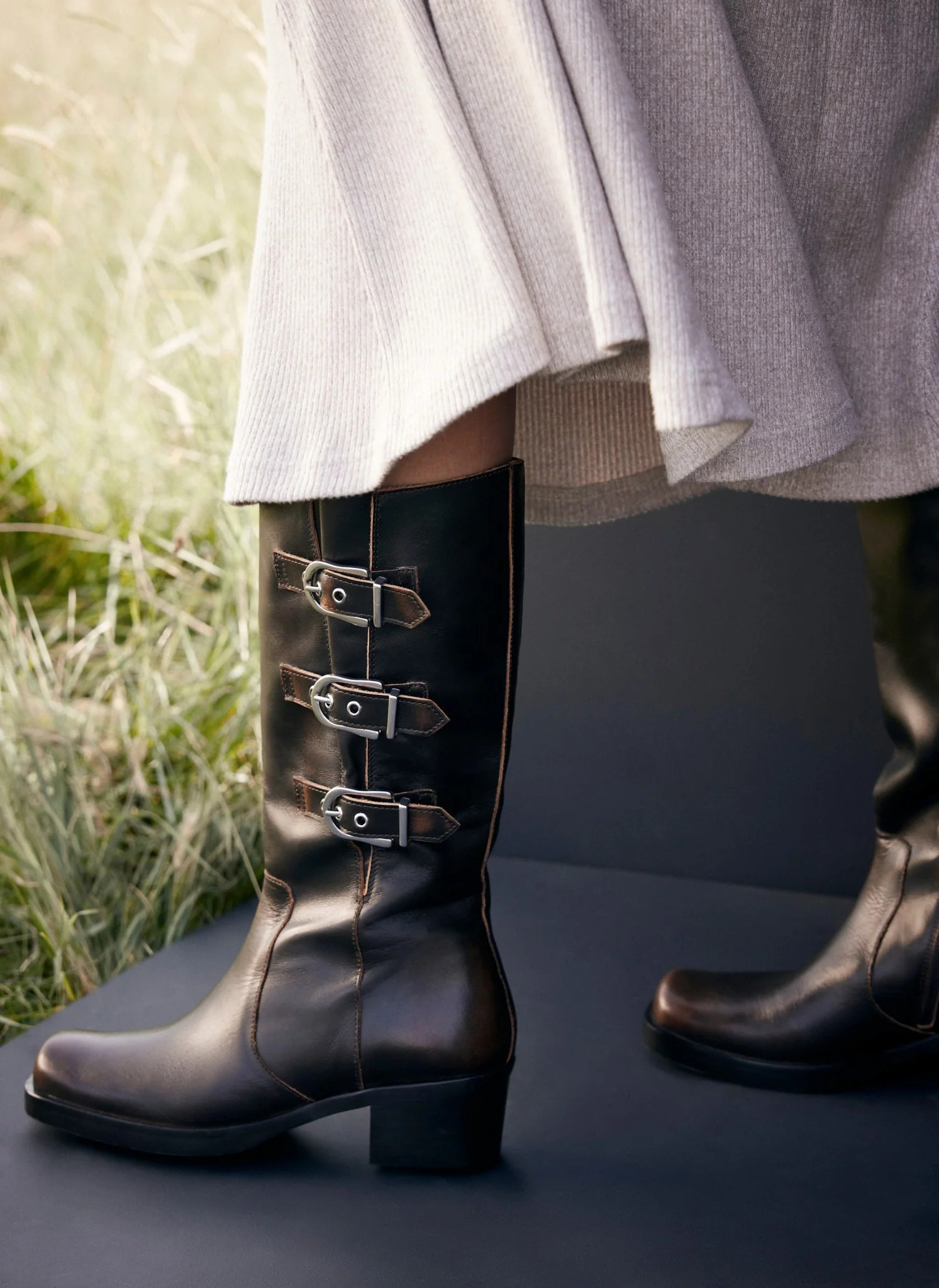 Brown Leather Buckled Long Boots | Mint Velvet