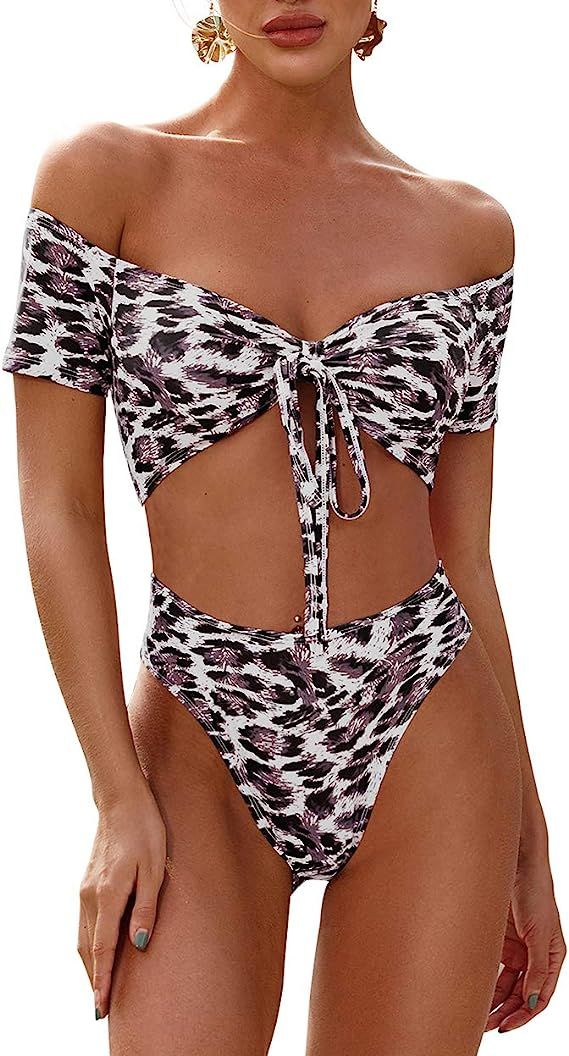 PRETTYGARDEN Women's Two Pieces Leopard Print Knot Front Crop Off-Shoulder High Cut Bandeau Bikin... | Amazon (US)