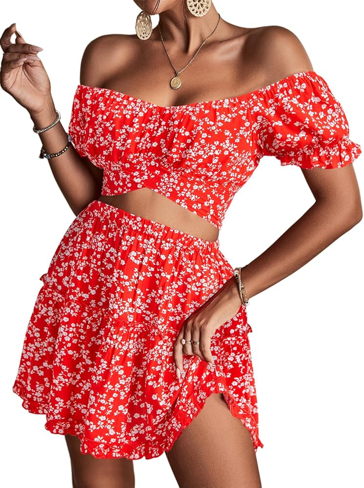 LYANER Women's 2 Piece Outfits Floral Off Shoulder Tie Up Crop Top and Mini Skirt Set | Amazon (US)