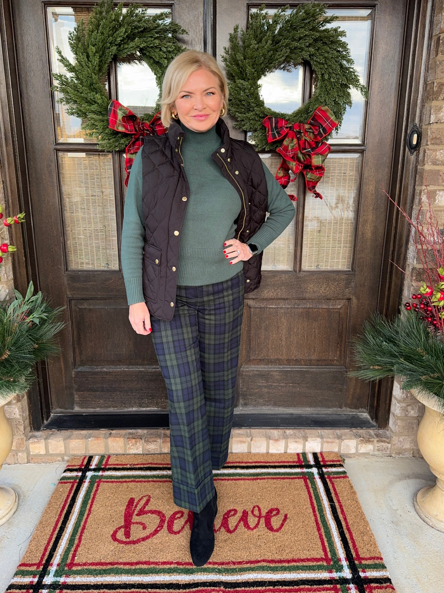 Feeling festive today! It really helps to put me in the holiday spirit. I've been mad for plaid lately, and these pants from Loft are my latest find! And they're on sale! They are an easy wide-Leg style, slightly cropped. The cotton blend sweater is soft & cozy and the vest adds warmth with less bulk. I'm wearing small vest, medium petite sweater and 4 pants. 

Plaid
Christmas outfit
Holiday outfits
Talbots
Loft
Classic holiday outfits
Women over 50
Petite fashion

#holidayoutfits
#christmasoutfit
#plaid
#petitefashion
#fashionover50
#stylewithserena

#LTKHoliday #LTKSaleAlert #LTKOver40