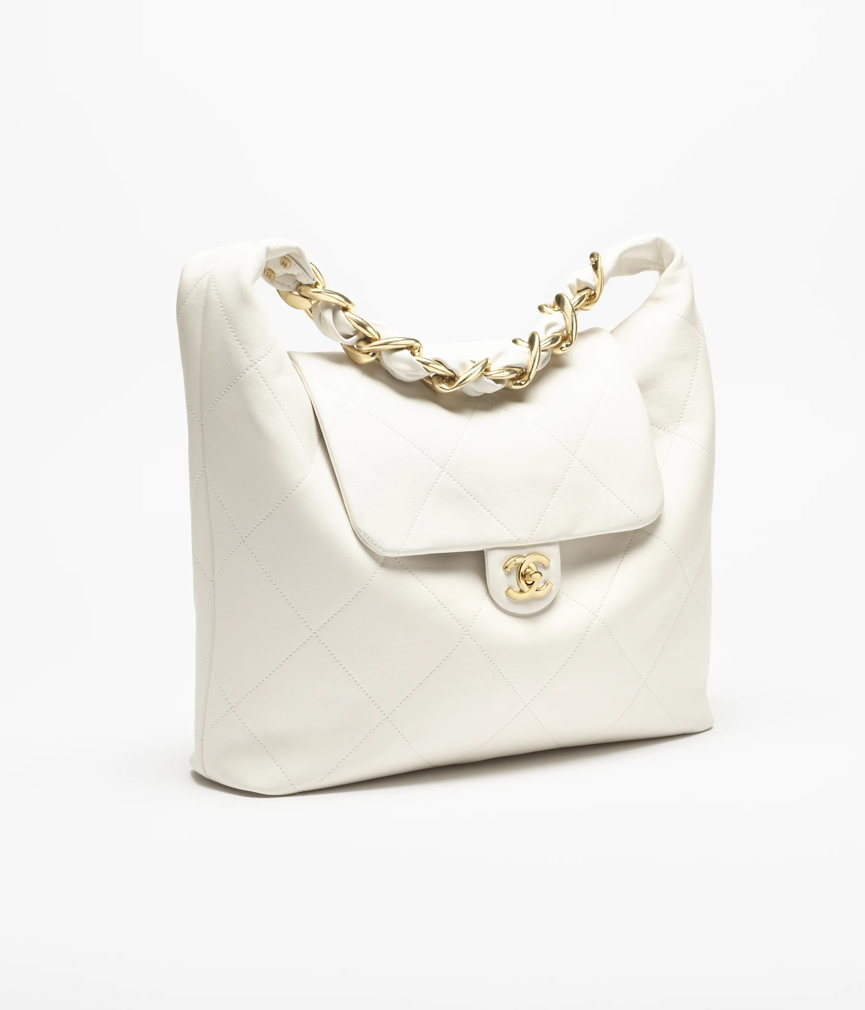 Maxi hobo bag, Shiny calfskin & gold-tone metal , white — Fashion | CHANEL | Chanel, Inc. (US)