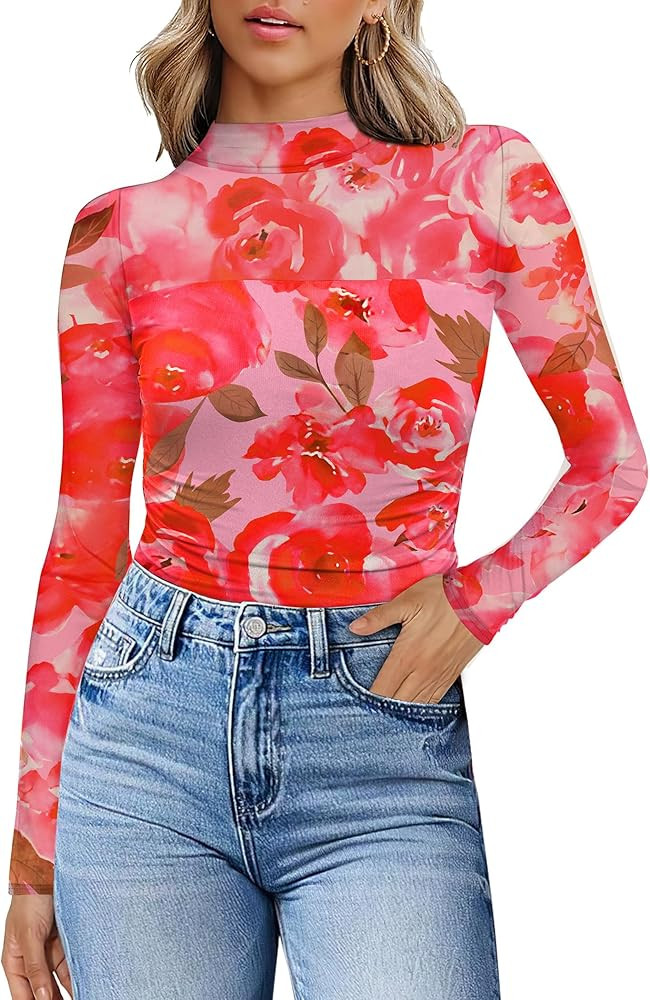 Womens Sexy Mesh Long Sleeve Shirts Fashion Clothing Turtle Necks Sheer Ruched Going Out Tops Fal... | Amazon (US)