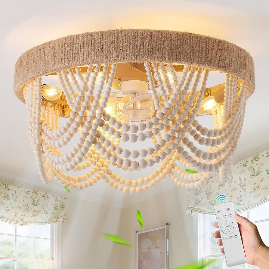 20" Boho Ceiling Fan with Light, Coastal Flush Mount Fandelier Ceiling Fans with Lights and Remot... | Amazon (US)