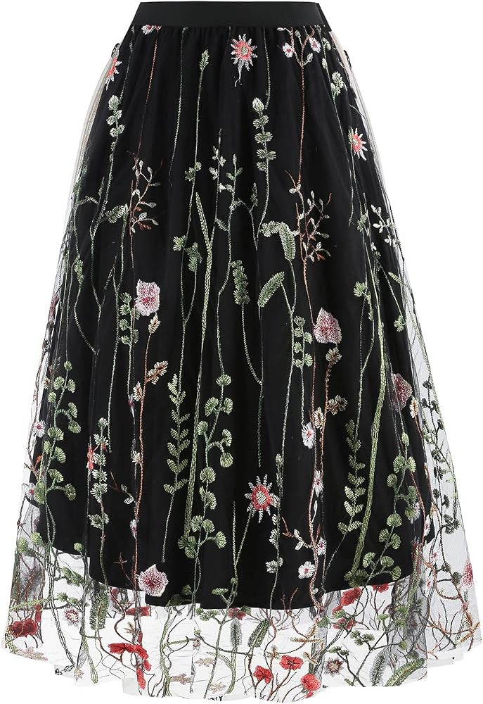 Floral Embroidered Women's Skirts - Vintage Tulle Wedding & Prom A-Line Flower Skirts with Elasti... | Amazon (US)