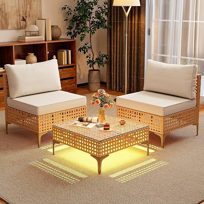 YITAHOME Wicker Patio Furniture Set 3 Pieces Outdoor Sectional Sofa with Solar Light Table Outdoo... | Amazon (US)