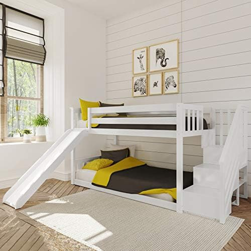 Max & Lily Low Bunk Bed, Twin-Over-Twin Bed Frame For Kids With Stairs and Slide, White | Amazon (US)