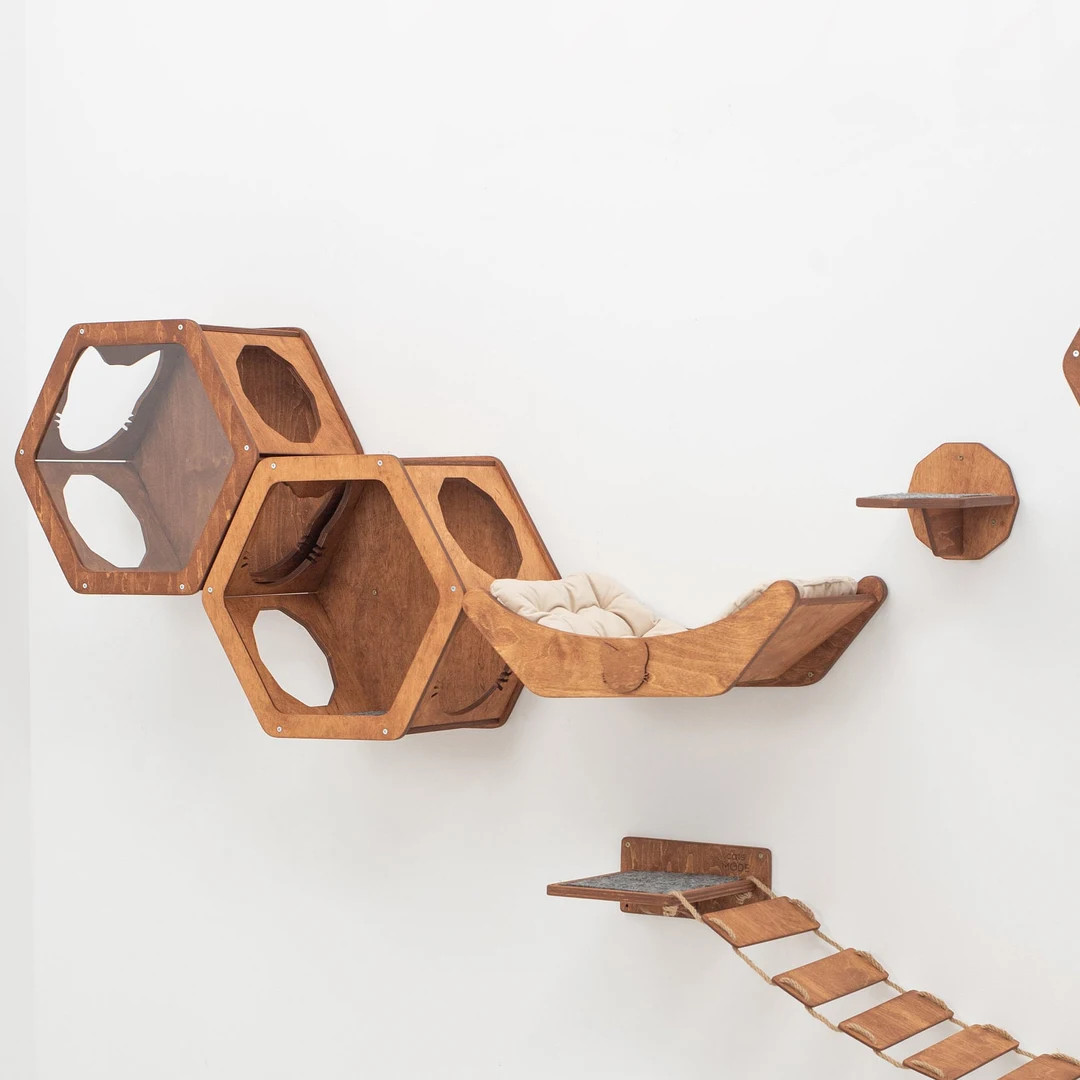 Cat Wall Mount Furniture Cat Wall Bed Wooden Cat Hexagon - Etsy | Etsy (US)