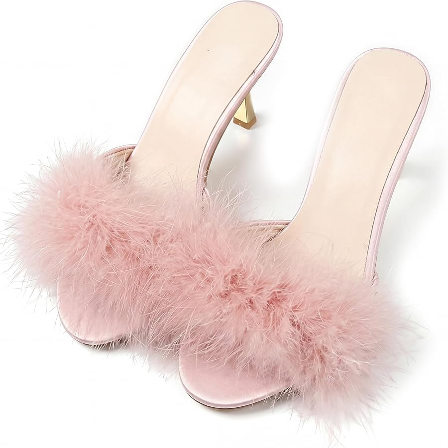 YIBLBOX Women's Round Toe Sandal Fluffy Feather Sexy Slippers Kitten Heeled Slippers | Amazon (US)