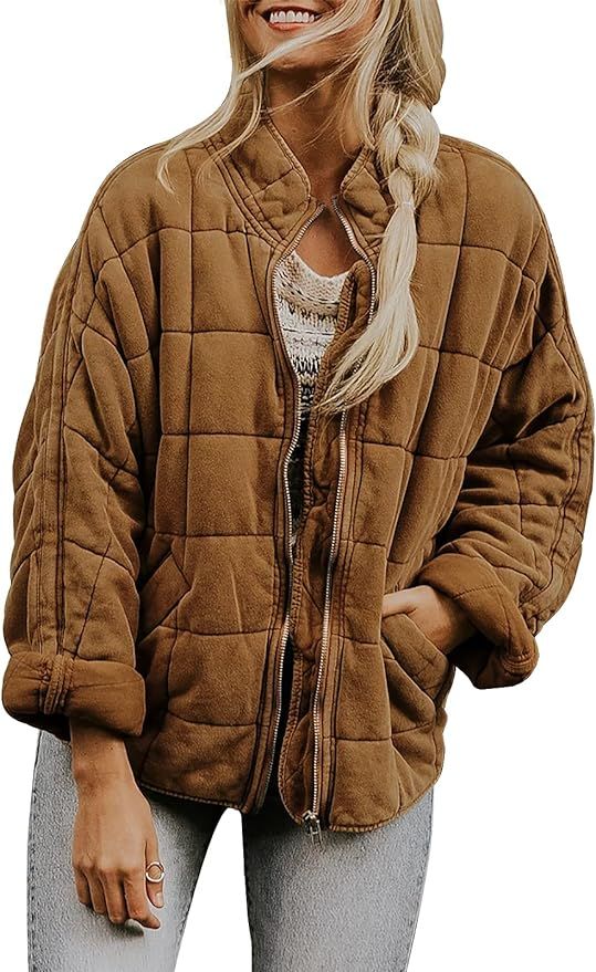 Womens Winter Dolman Long Sleeve Full-zip Quilted Jacket Coat Warm Outerwear | Amazon (US)
