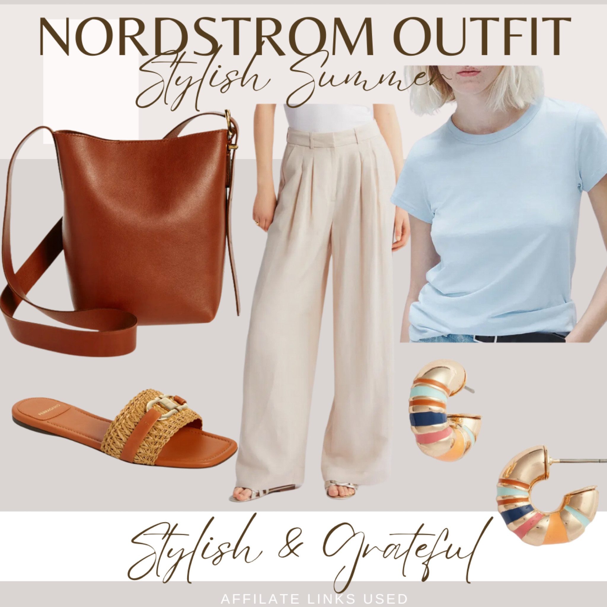 Stay effortlessly cool this summer with this stylish outfit from Nordstrom. The look features a light blue tee paired with wide-legged beige trousers for a comfortable yet chic ensemble. Add a touch of sophistication with woven slide sandals and a classic brown leather bucket bag. Complete the outfit with colorful hoop earrings for a playful pop of color. Perfect for any casual summer outing, this outfit combines comfort and style seamlessly. Shop this chic summer look now! #StylishAndGrateful #SummerFashion #NordstromOutfit #EffortlessStyle #AffiliateLinks

#LTKOver40 #LTKMidsize #LTKxNSale
