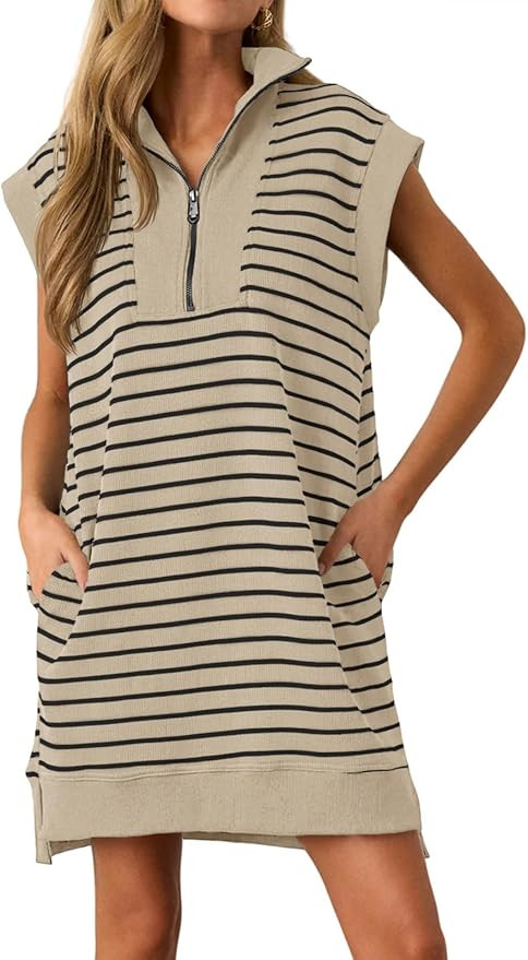 Wenrine Womens Striped Mini Dress Casual Zipper Cap Sleeve Collared V Neck Loose Knit Summer Dres... | Amazon (US)
