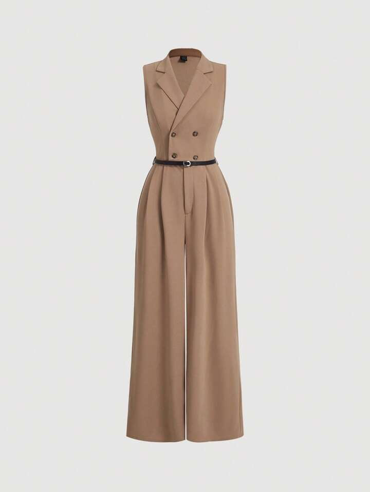 SHEIN MOD Khaki Elegant Lapel Jumpsuit For Women,Waist Wide Leg Jumpsuit, Casual Daily Wear,Fall/... | SHEIN