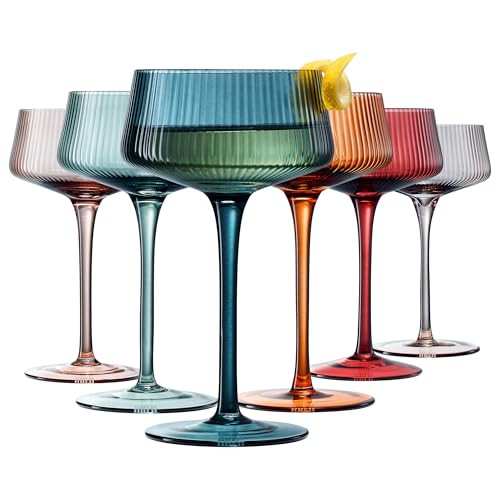 Khen Colored Vintage Art Deco Coupe Glasses - Martini, Cocktail & Champagne Glasses | Set of 6 | Pastel Muted Crystal Cocktail Glassware, Goblet Cocktails, Stemmed Ribbed Gift - Full Ripple Set | Amazon (US)