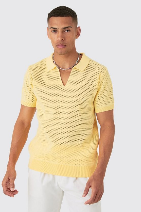 Regular Fit Open Stitch Revere Polo In Yellow | boohooMAN (US & Canada)