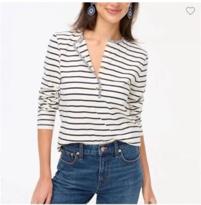J.Crew Factory Striped ruffle-collar henley Long Sleeves New Size S Small | eBay US