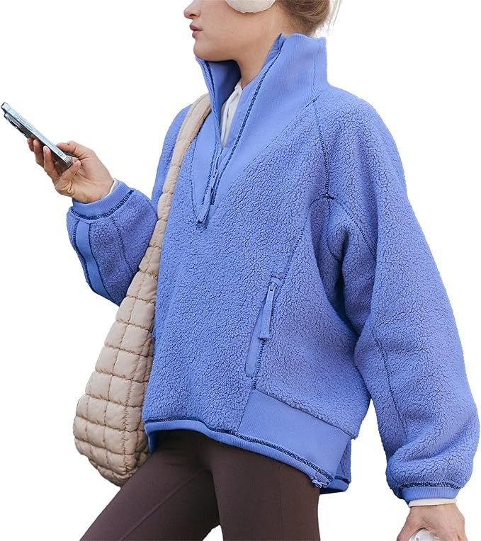 Ainangua Fleece Half Zip Pullover Women Rib Fuzzy Stand Collar Sherpa Oversized Sweatshirt Warm F... | Amazon (US)