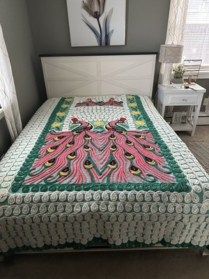*PLUSH Jade Green & Pink* Vintage Double Peacock Chenille Bedspread ~88x98~EUC | eBay US