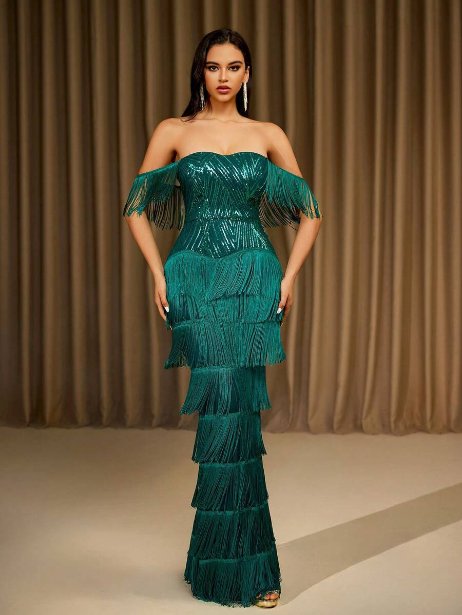 LOVE&LEMONADE Long Green Off Shoulder Sequins Fringe Formal Evening Dress, Party Dress, Wedding G... | SHEIN